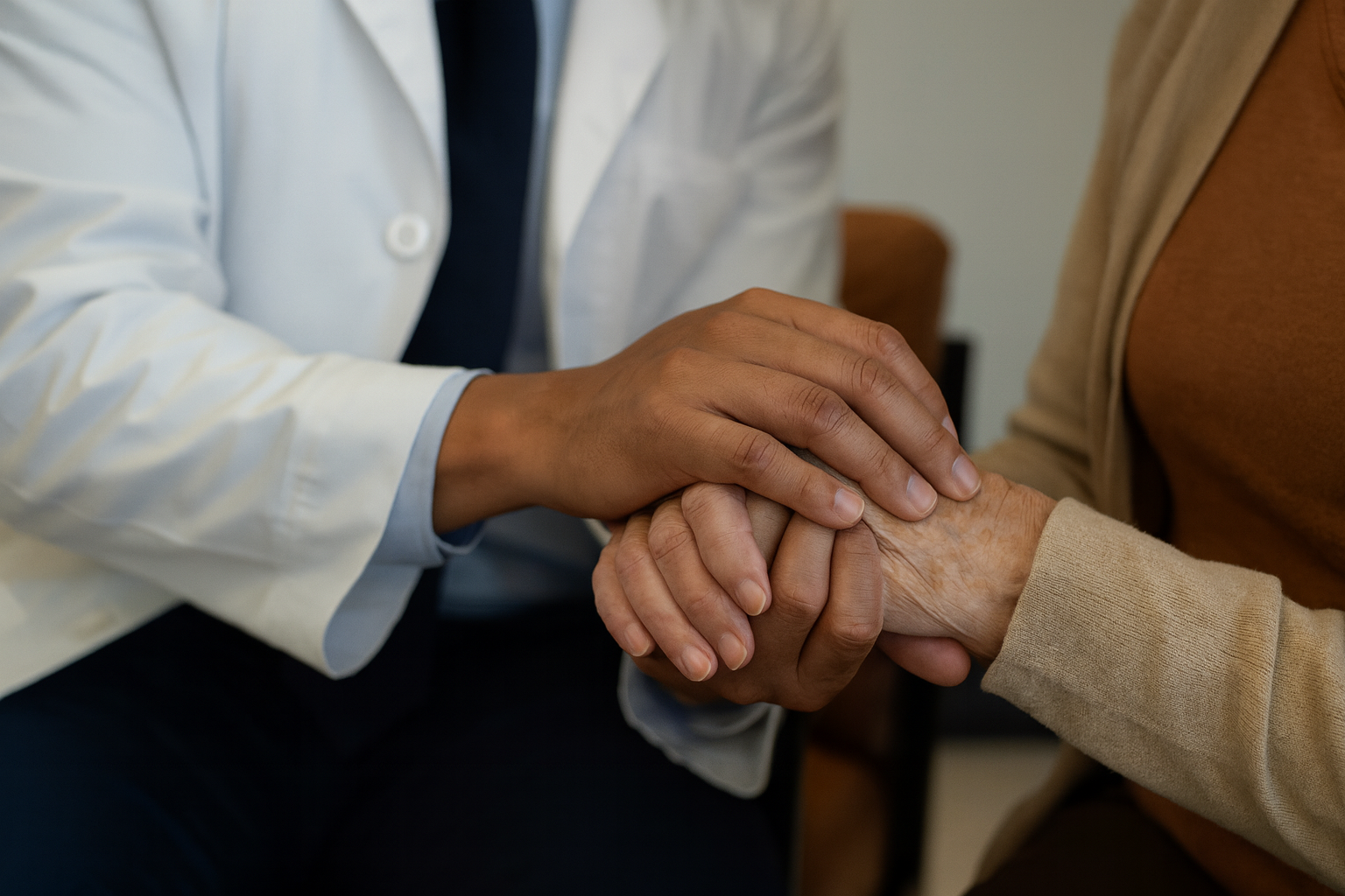 Neurologist holding a patient's hand during a consultation at Charis Neurology